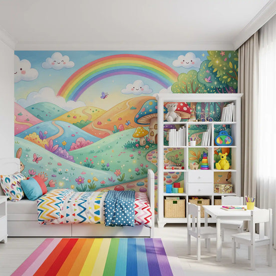 Rainbow wallpaper mural behind a kids bed with a rainbow floor runner GD13079
