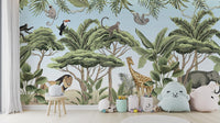 Jungle adventure mural with playful animals and lush greenery.