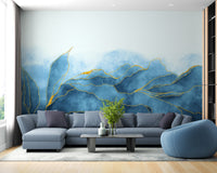 Abstract watercolor wallpaper in blue and gold tones.