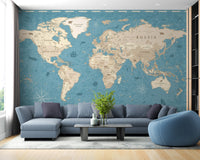 Distressed vintage world map mural for authentic decor.