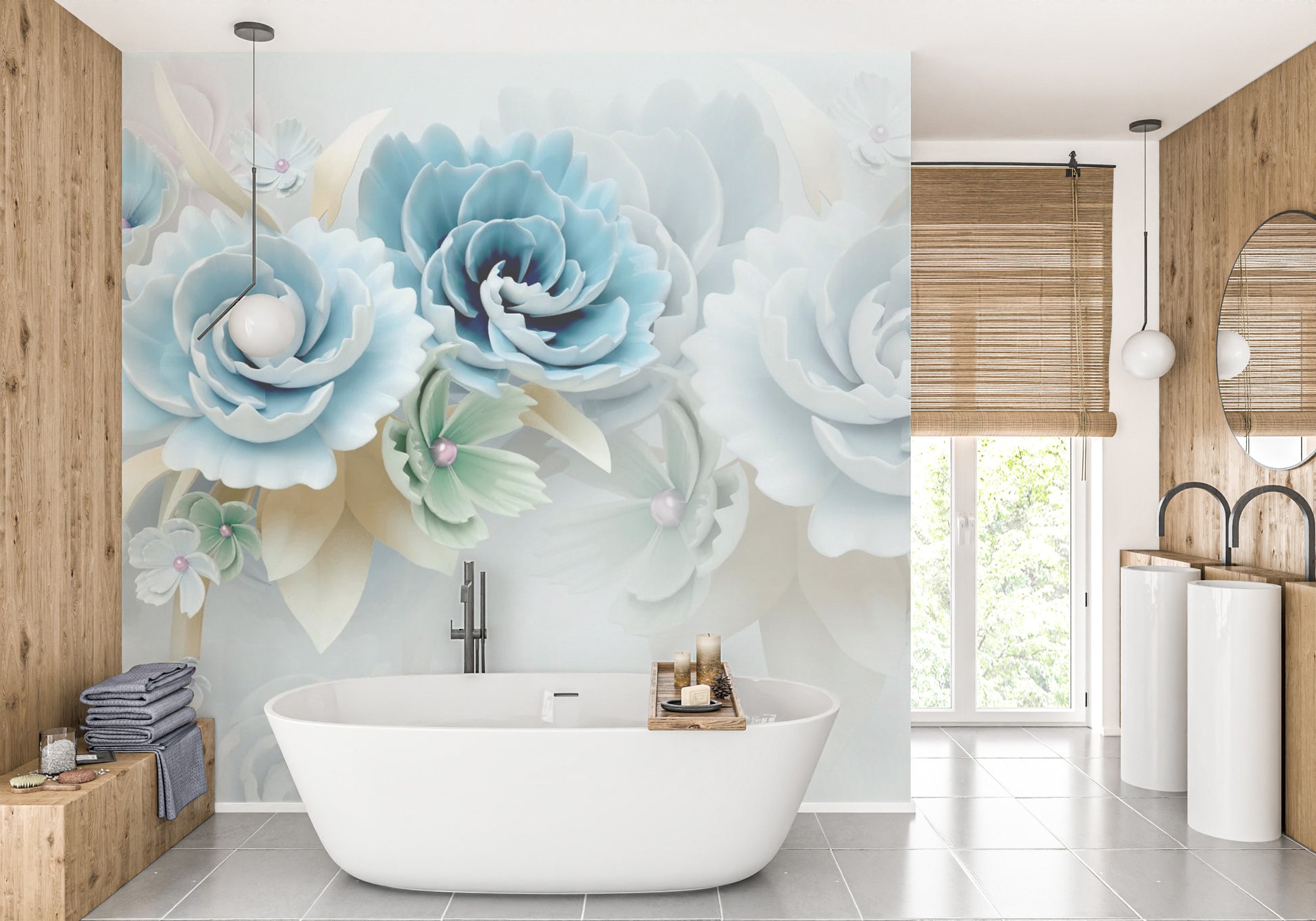 Textured 3D effect wallpaper mural featuring realistic gardenia style flowers.