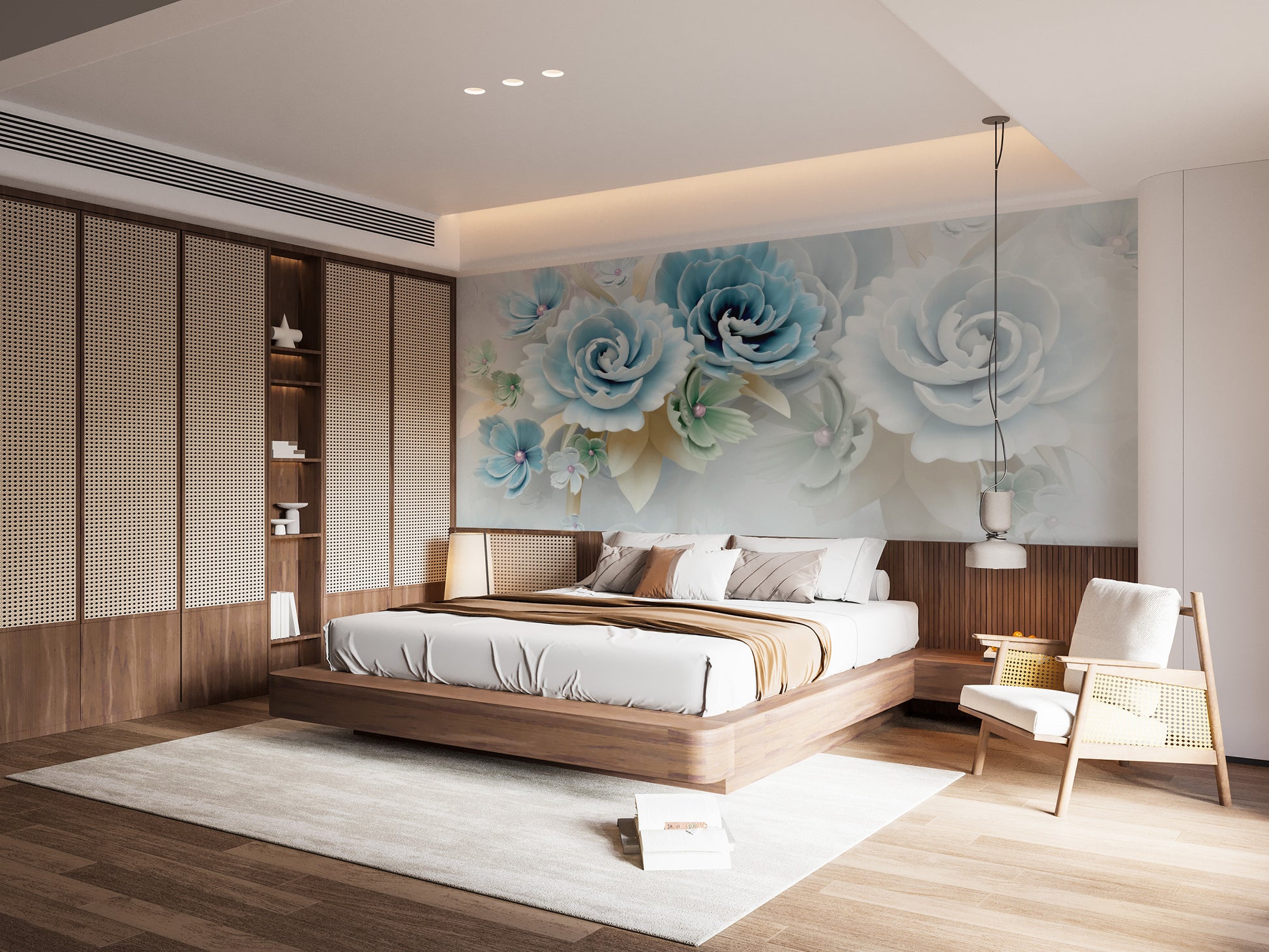 Minimalist white background wallpaper mural with floating 3D blue petals.