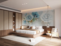 Minimalist white background wallpaper mural with floating 3D blue petals.