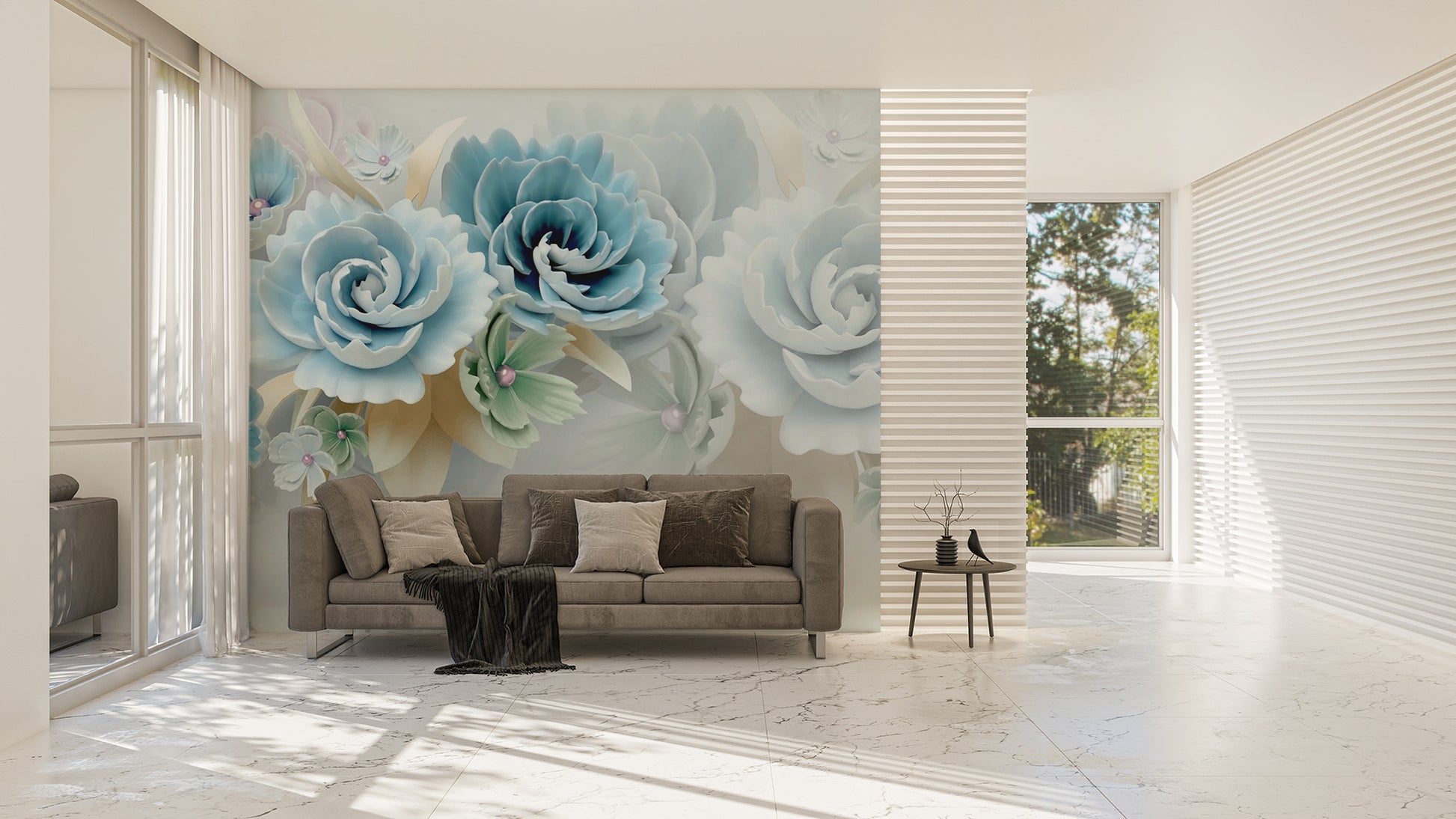 Artistic blue floral wallpaper mural with subtle 3D shadows and highlights.