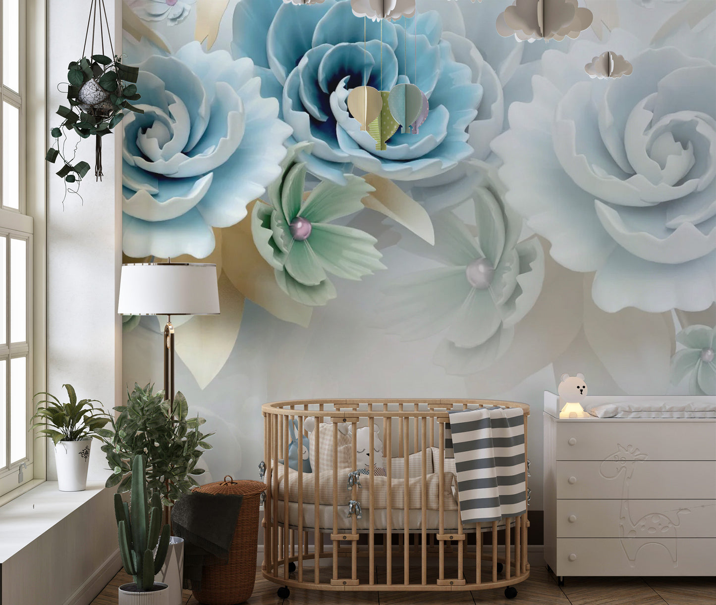 Sophisticated matte finish wall mural with large scale indigo floral patterns.