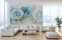 Detailed 3D wallpaper mural depicting blooming cornflower blue botanicals.
