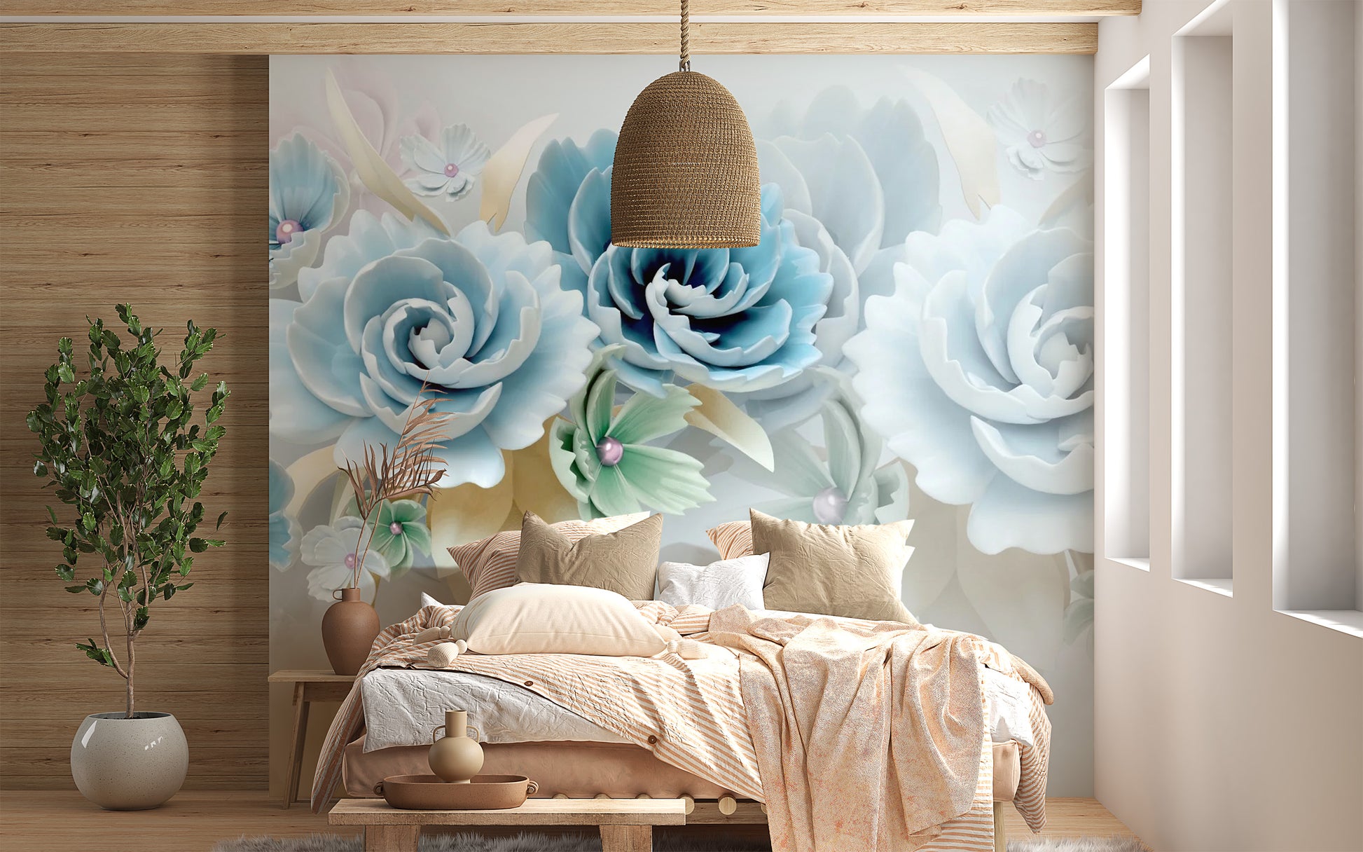 Abstract floral hallway wall mural showing layered petals and light reflections.