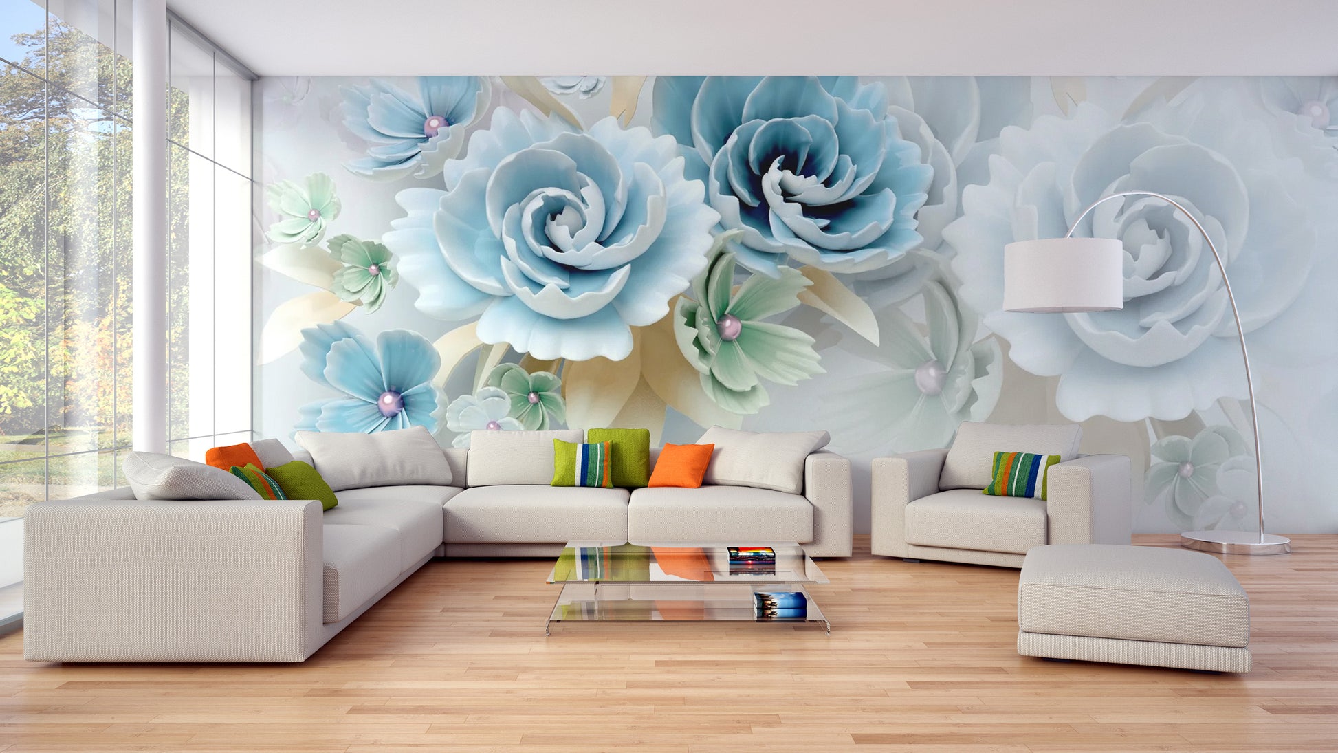 Modern high-definition hallway wall mural with 3D effect cobalt blue flowers.