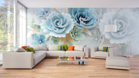 Modern high-definition hallway wall mural with 3D effect cobalt blue flowers.