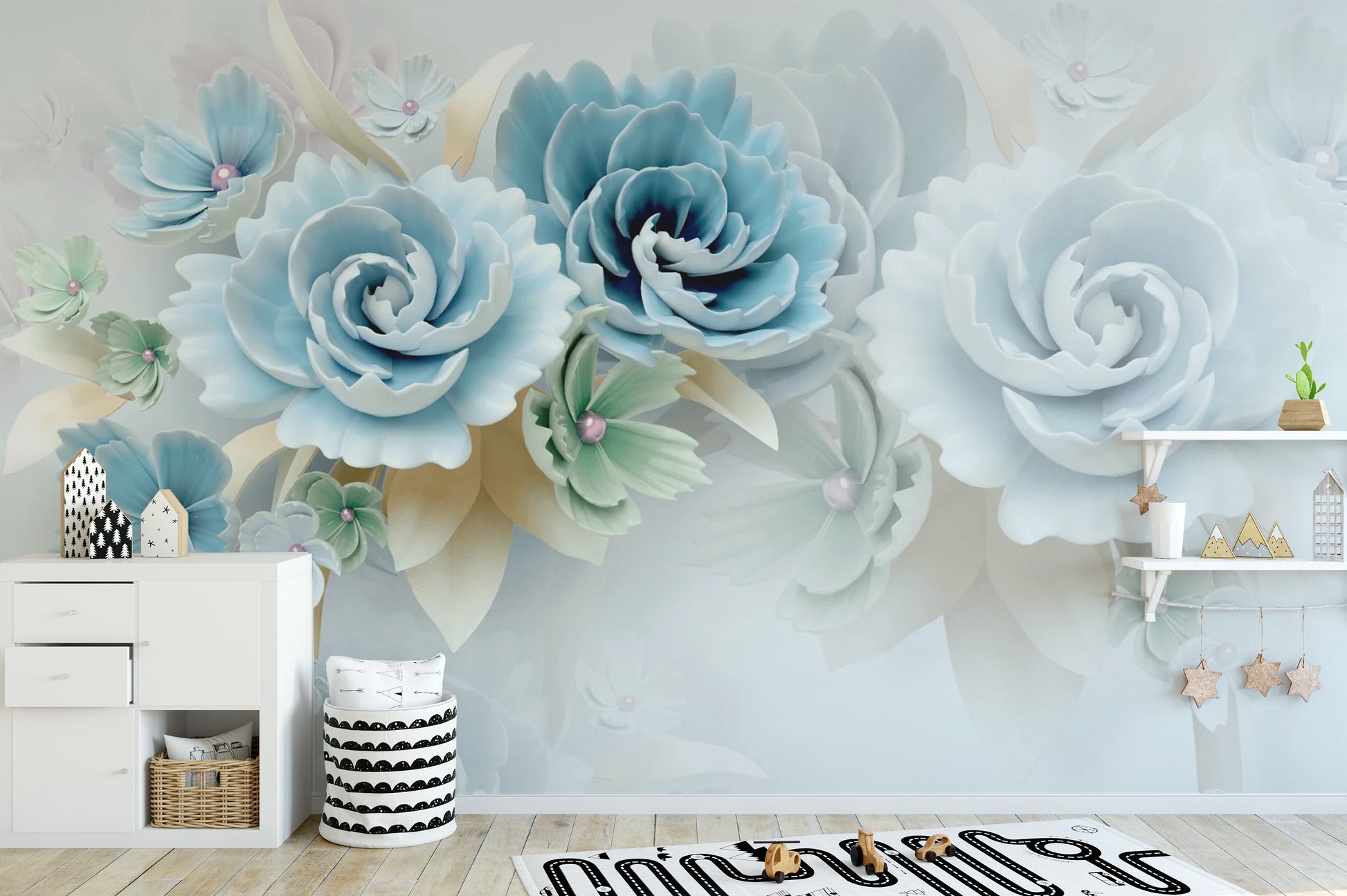 Elegant play room wall mural featuring oversized navy blossoms and soft teal shading.