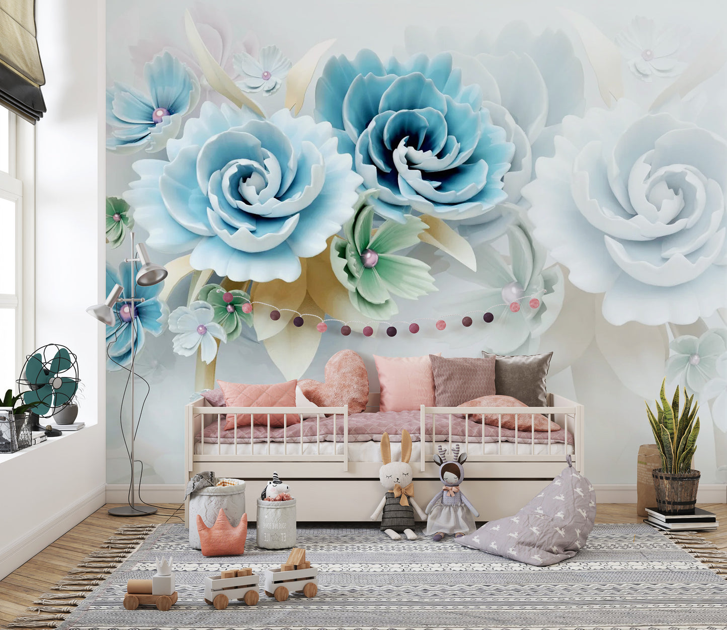 3D large blue floral wallpaper mural with realistic depth and petal textures.