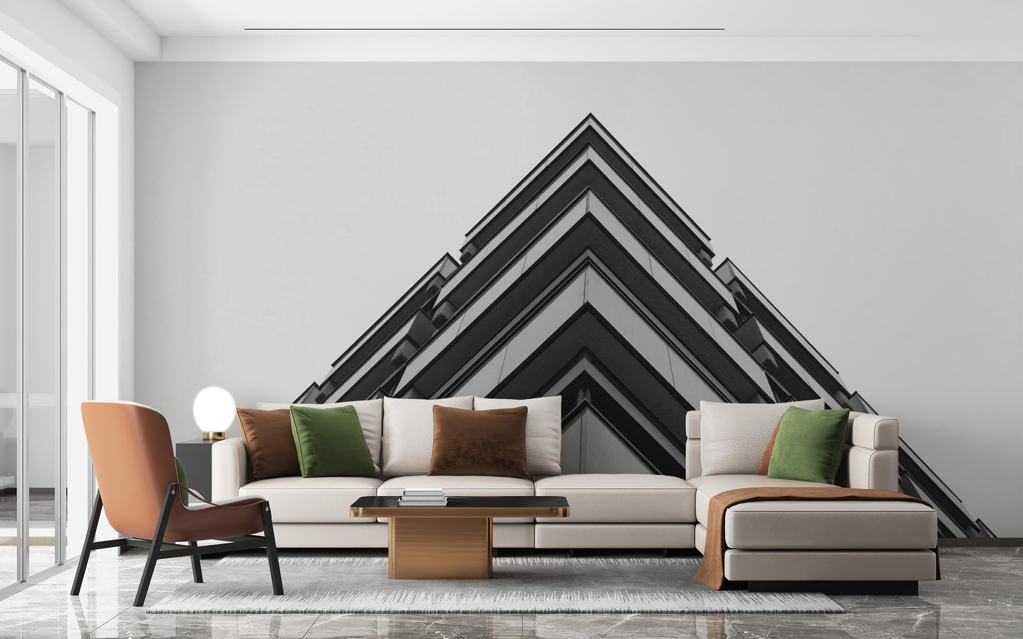 Monochromatic 3D building wallpaper for a professional setting.