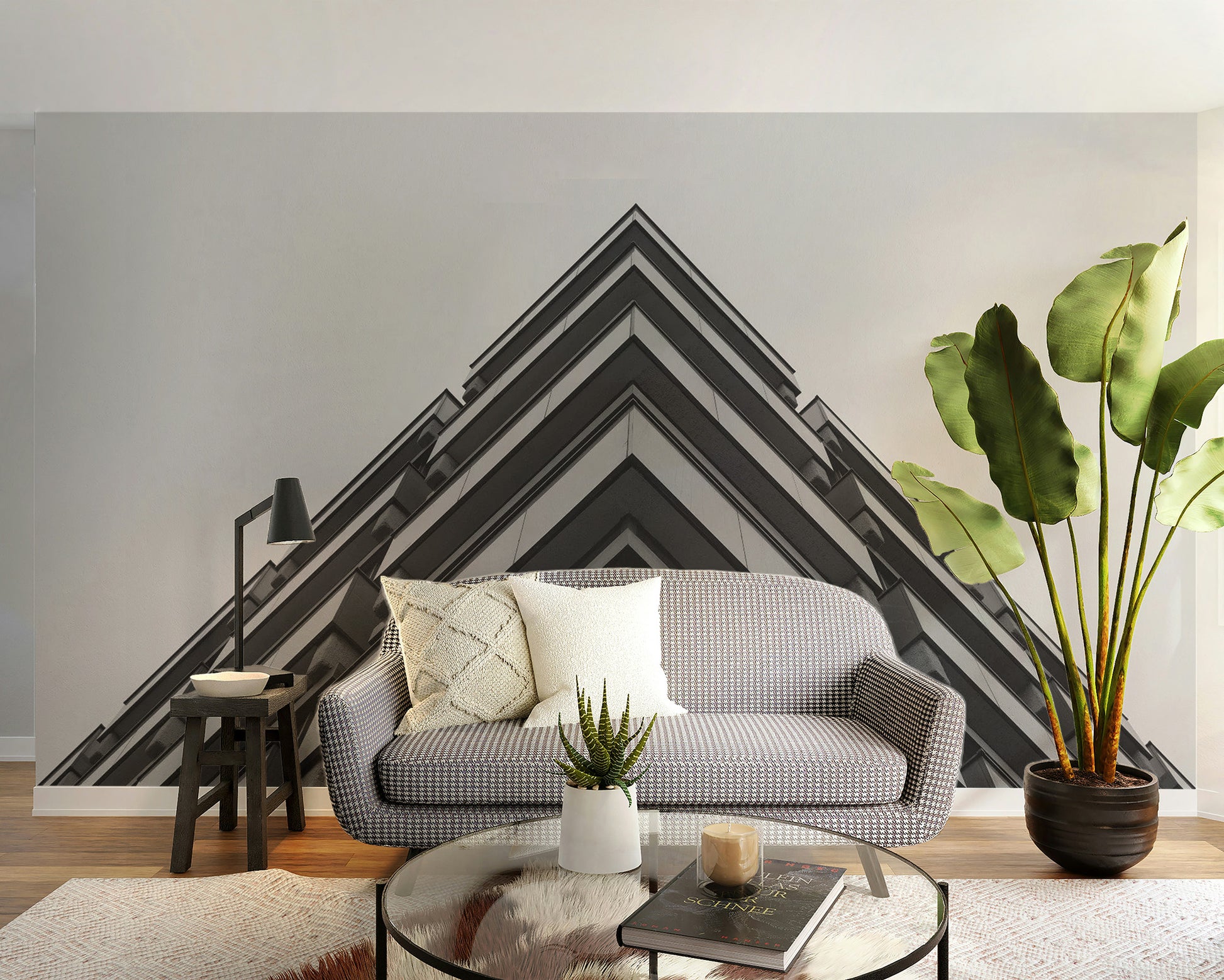 Modern 3D building wallpaper mural with grey architectural lines.