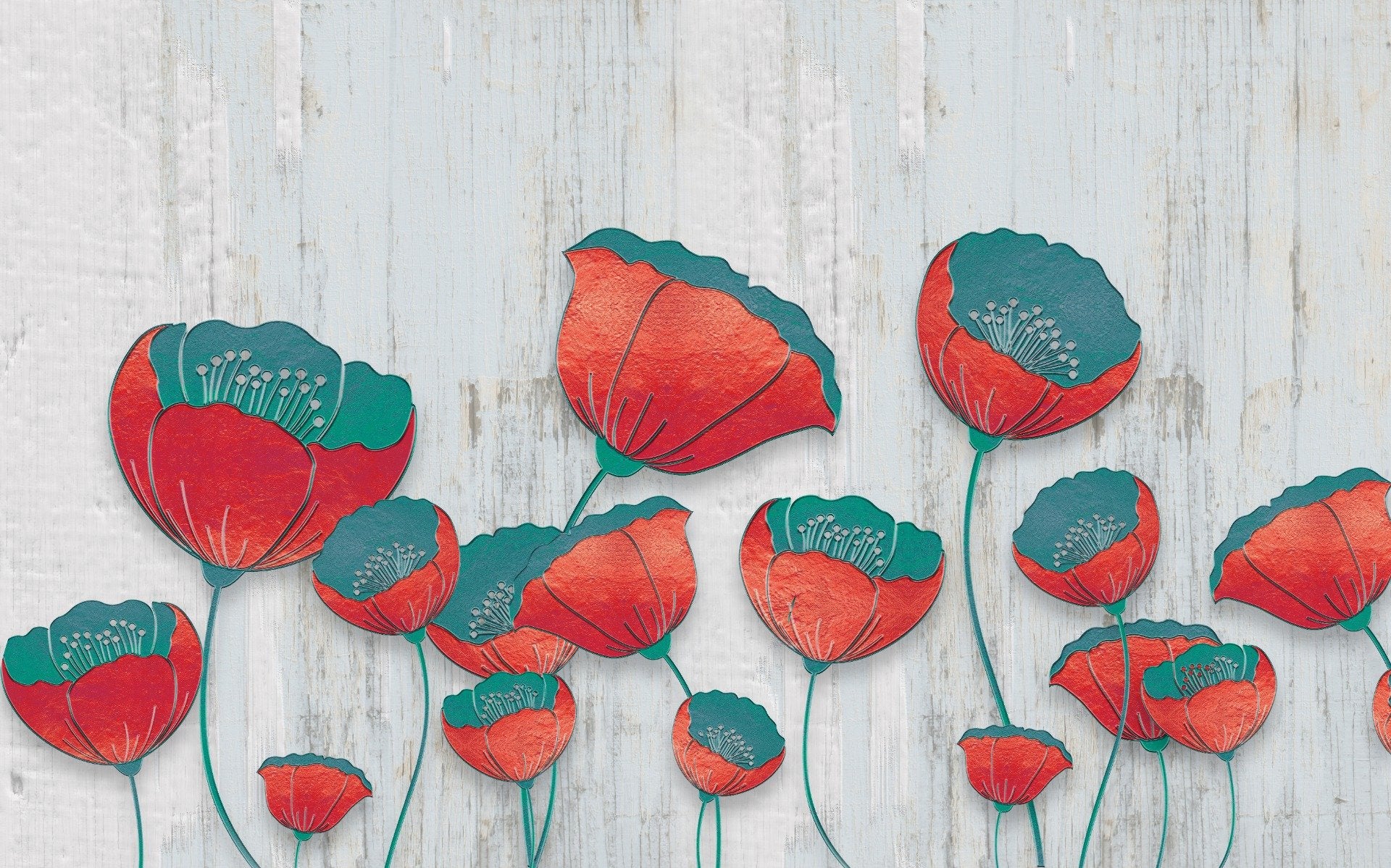 Blooming 3D Red Floral Wallpaper Mural in your room — zoomed