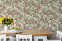 Playful squirrel wallpaper in leafy oak setting

