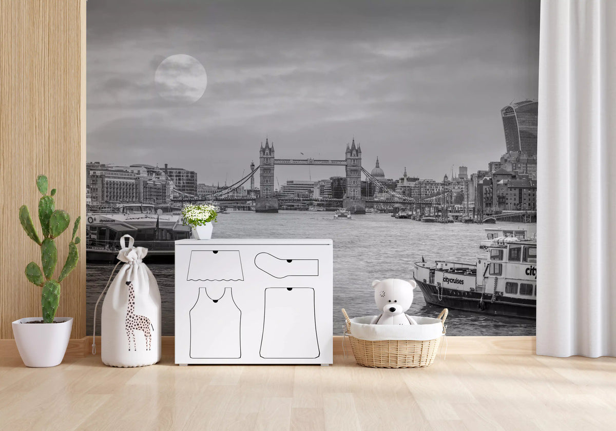 Nursery with soft toys and the black and white London skyline mural GD13047
