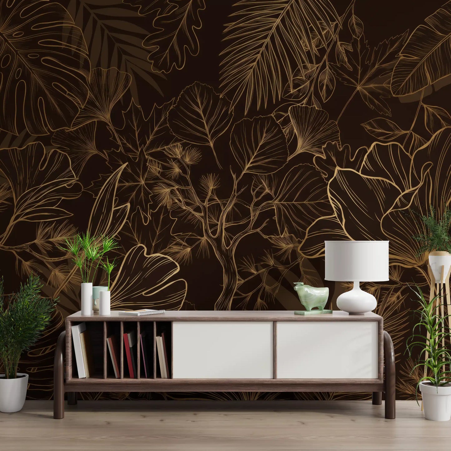 Golden Botanical Foliage Wall Mural