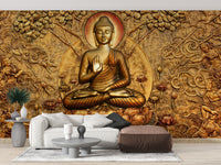 Gold-themed Buddha mural for tranquility
