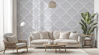 Classic grey on white damask wallpaper with elegant patterns.