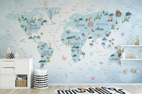 Kids world map wallpaper with animals in blue
