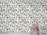 Watercolor mushroom navy blue wallpaper for rooms