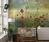 Elegant poppy flower watercolor green wallpaper for modern interiors.