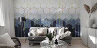 Elegant blue and gold hexagonal wallpaper mural
