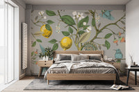 Lemon tree wallpaper mural with bird accents
