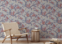 Whimsical oak tree and squirrel pattern in blue

