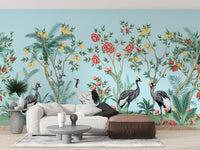 Lush crane and floral print wallpaper
