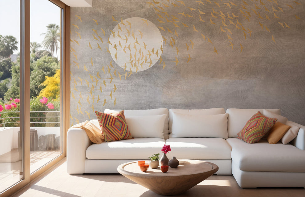 Golden Birds Flying in Sky Wallpaper Murals