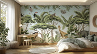 Exciting jungle adventure wallpaper mural with wild animals.