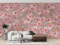 Pink floral mural with vibrant watercolor roses for walls
