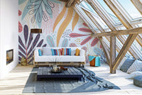 Dynamic colorful leaves wallpaper for a playful wall design.
