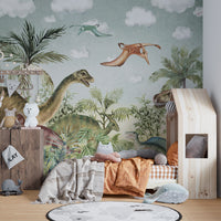 Vibrant Jurassic wall mural with dinosaurs for kids' play areas.

