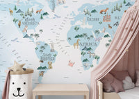 Blue Kids Room World Map Wallpaper Murals - Giffywalls