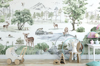 Winter animals wallpaper with deer and serene forest setting