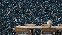 Dark blue bird and floral pattern wallpaper
