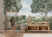 Playful bear and bees mural in a nature-inspired wallpaper