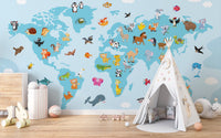 Vibrant animal world map wallpaper for kids' learning spaces.
