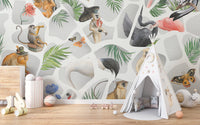 Monkey and birds wallpaper mural in delicate watercolor gray hues.
