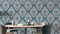 Timeless damask pattern dining room mural in blue
