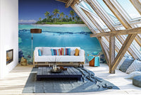 Peaceful blue ocean mural featuring a sandy beach and island.