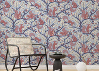 Oak tree mural with squirrels on blue background

