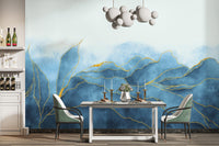 Blue gold watercolor wallpaper mural for luxurious decor.