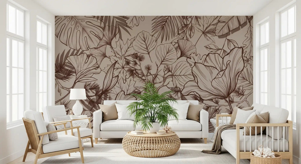 Monochromatic botanical line art wall mural in a living room with white sofa and palm GD12607