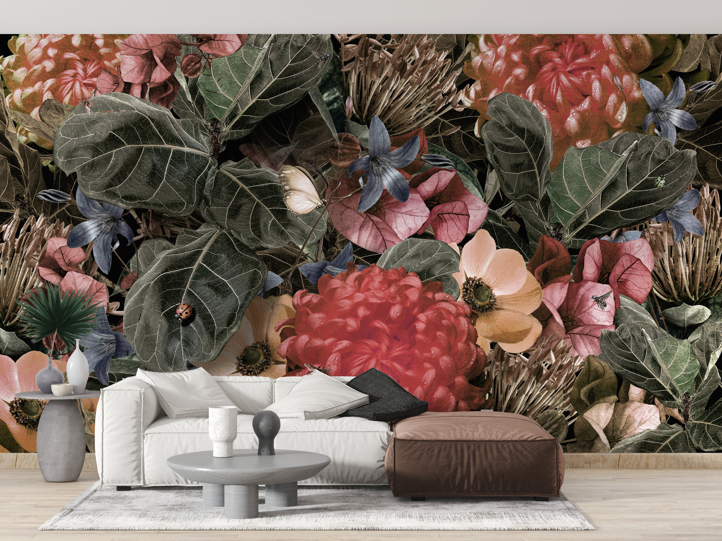 Bold red and green tropical leaf wallpaper
