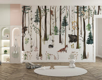 Snow forest mural with fox and bear design
