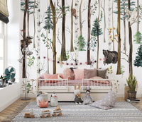 Fox & Bear in Snow Forest Wallpaper Mural - Giffywalls