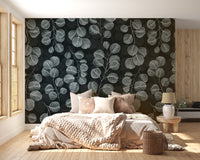 Eucalyptus leaves mural in calming gray